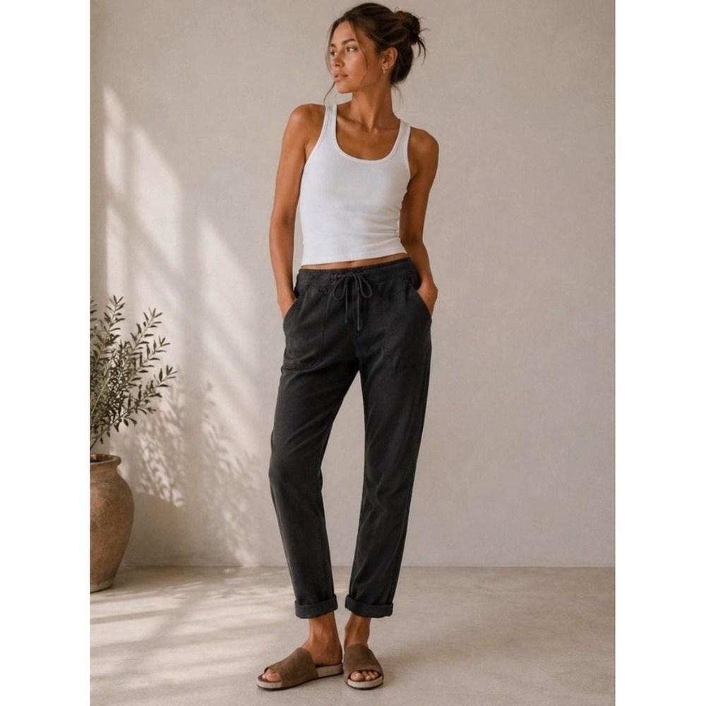 James Perse Linen Lyocell Casual Utility Pants Womens 1/ Small Black Minimalist‎